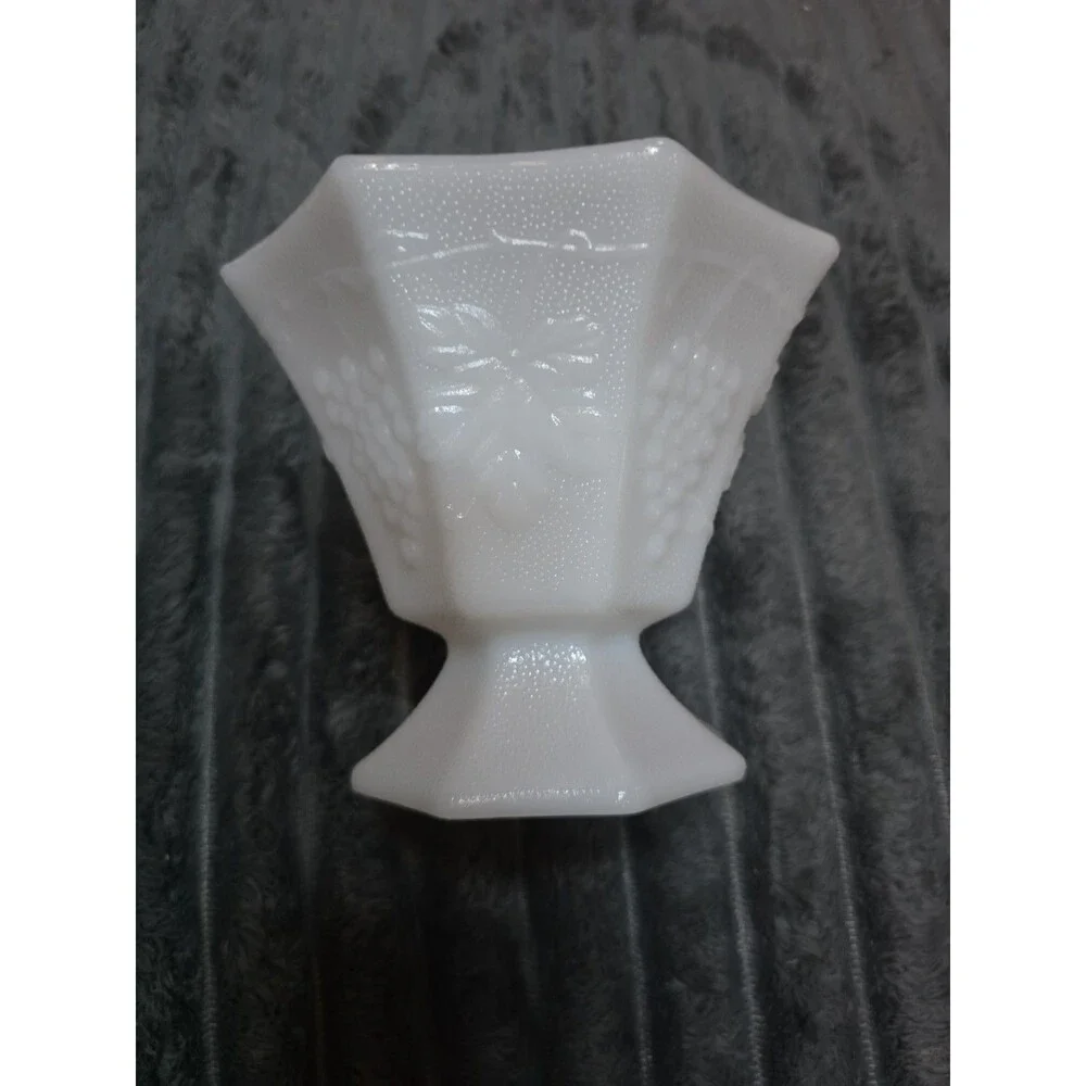 Vintage White Milk Glass Grape Pattern Pedestal Bowl Footed Octagon 5' Tall
